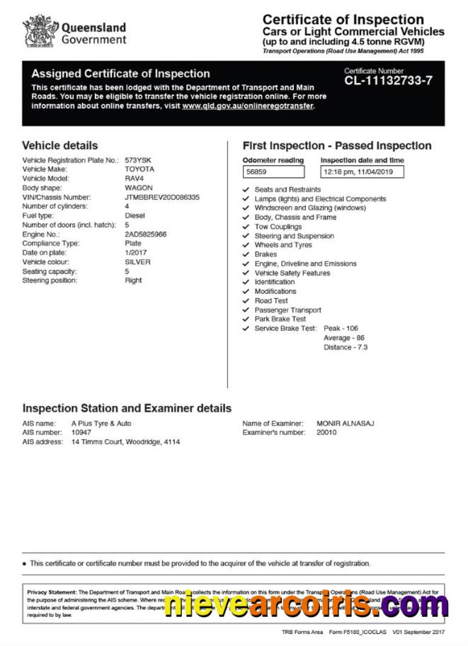 Australia Queensland certificate of vehicle inspection